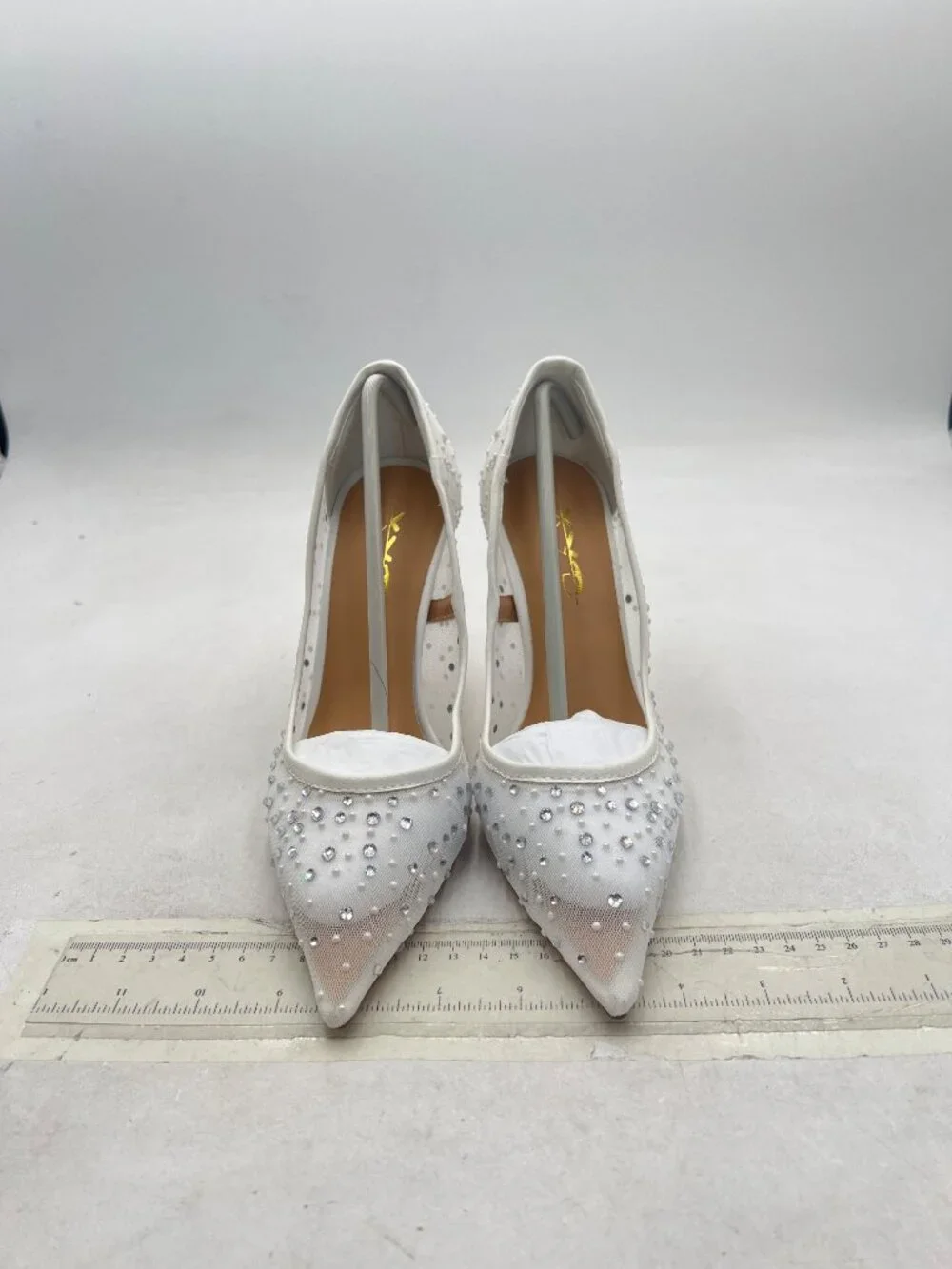 XYD White Sequins Rhinestones Studded Stiletto High Heels Mesh Pumps Dress Shoes